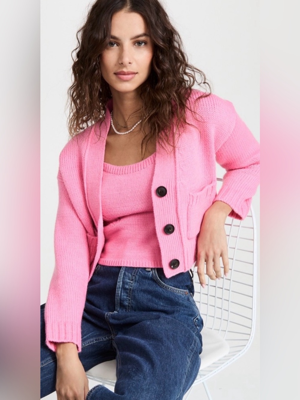 English Factory Pink Cropped Button Cardigan